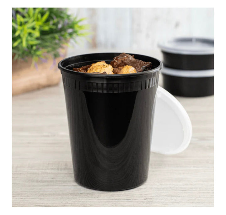 32oz PP Black Plastic Injection Molded Deli Containers & Clear Lids (117mm) - 240 sets