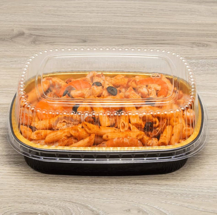 48 oz Black and Gold Aluminum Foil Take Out Pan with Clear PET Dome Lid, 9.7'' x 7.7'' x 1.7'' - 50 pcs