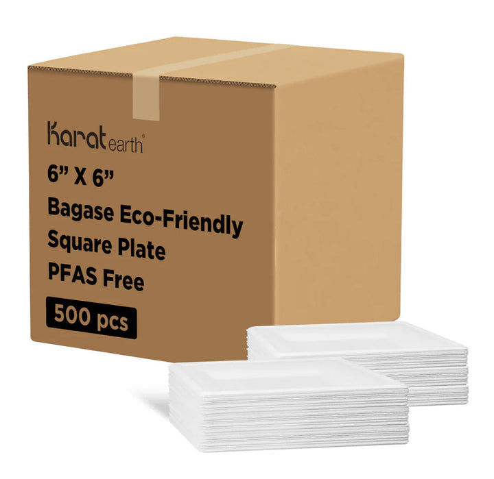 6" PFAS Free Compostable Bagasse Square Plates, White - 500 pcs