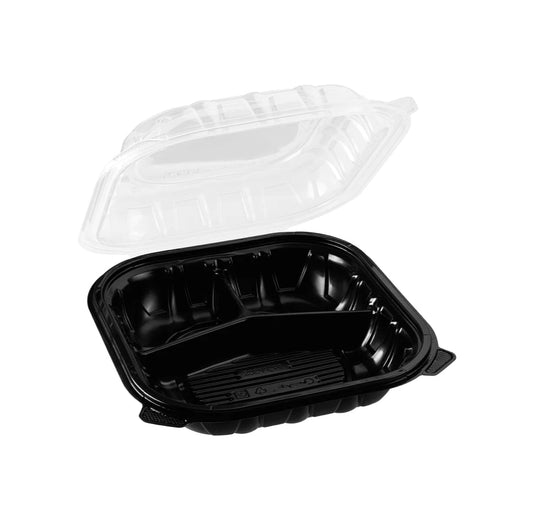 Hinged Containers (3 Compartments), 9"x 9", Blk w/Clear Top, Premium PP - 150 pcs