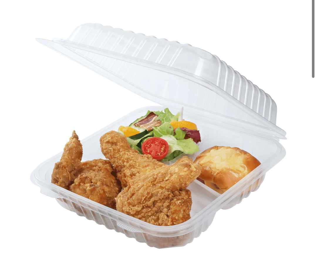 Hinged Container, 8'' x 8" PP Plastic, 3 Compartment, Clear - 250 pcs