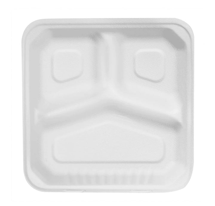 8''x 8'' PFAS Free Compostable Bagasse Hinged Containers, White, 3 Compartments - 200 pcs