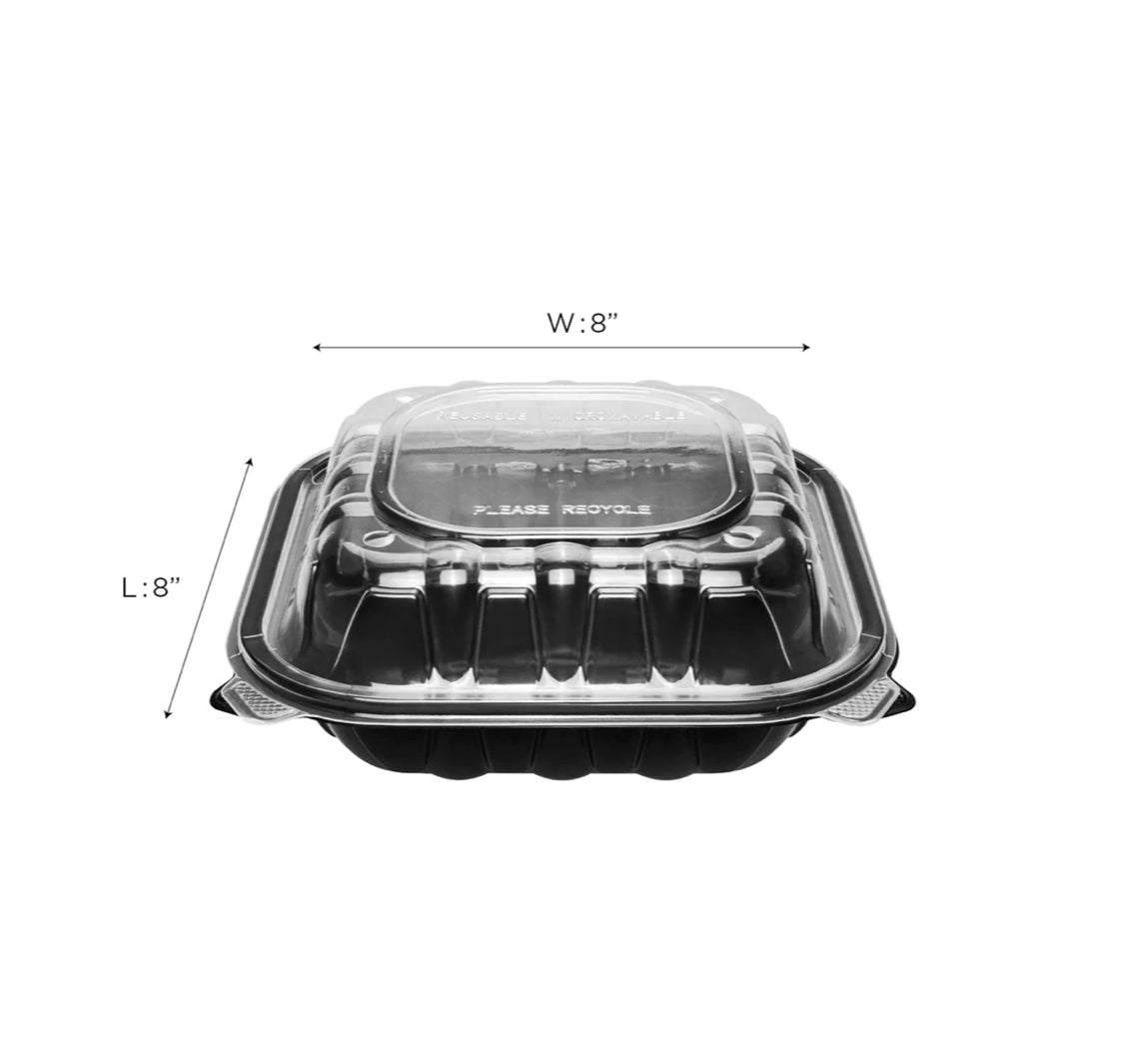 Hinged Containers (3 Compartments), 8"x 8", Blk w/Clear Top, Premium PP - 150 pcs