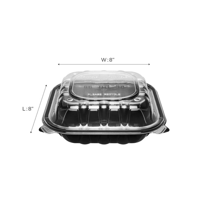 Hinged Container 8"x 8" (3 Compartment) Premium PP, Blk w/Clear Top - 150 pcs