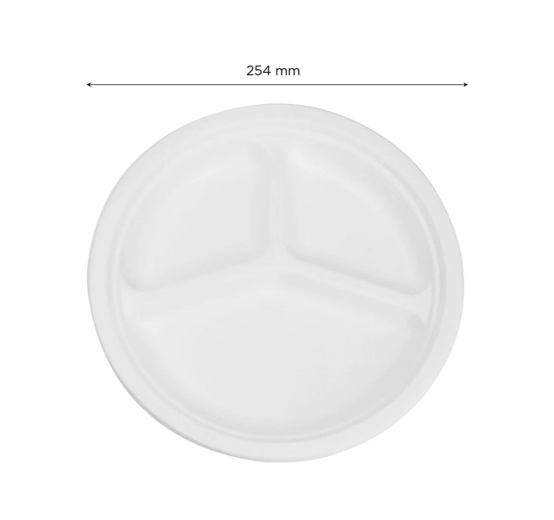 10'' PFAS Free Compostable Bagasse Round Plates, White, 3 Compartments - 500 pcs