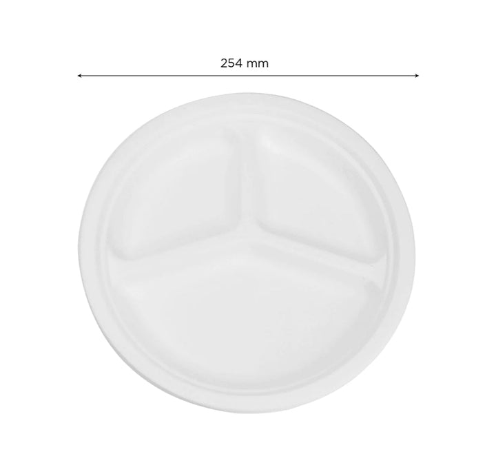 10'' PFAS Free Compostable Bagasse Round Plates, White, 3 Compartments - 500 pcs