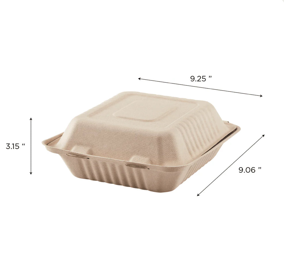 9'' x 9'' PFAS Free Compostable Bagasse Hinged Containers, Natural - 200 pcs