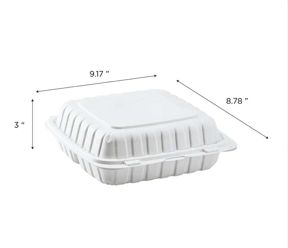9" x 9" Mineral Filled PP Hinged Container, 3 compartment, White - 120 pcs
