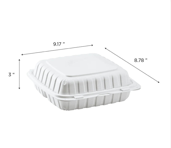 9" x 9" Mineral Filled PP Hinged Container, 3 compartment, White - 120 pcs