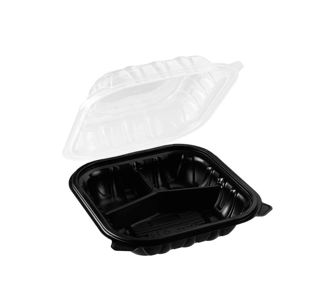 Hinged Containers (3 Compartments), 8"x 8", Blk w/Clear Top, Premium PP - 150 pcs