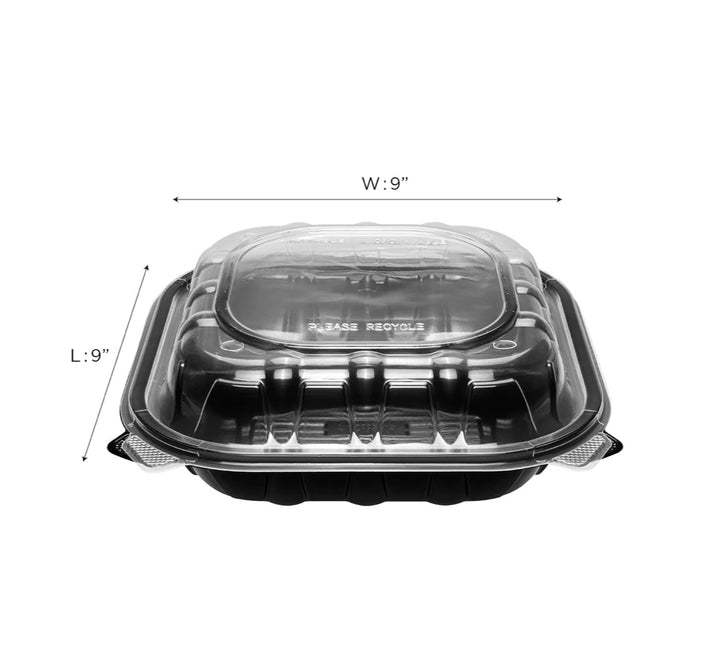 Hinged Container 9"x 9" (3 Compartment) Premium PP, Blk w/Clear Top - 150 pcs
