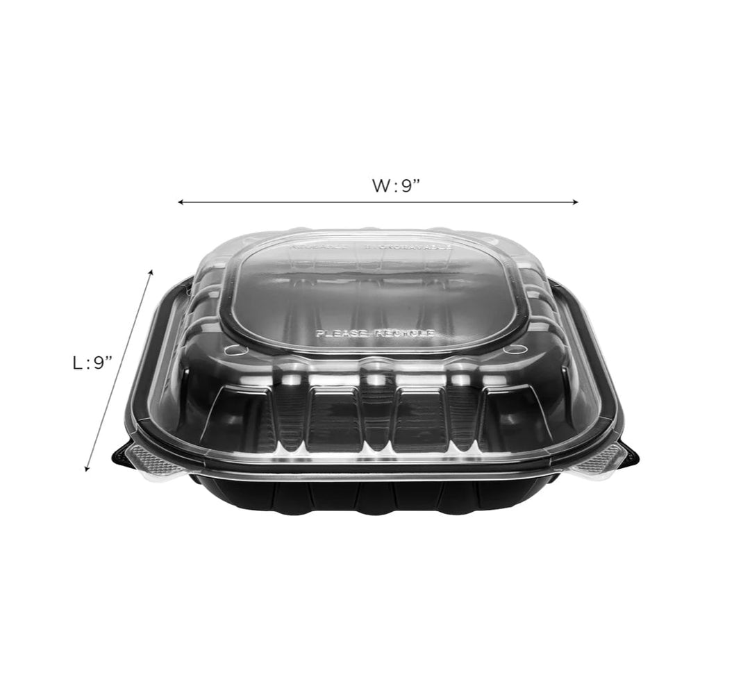 Hinged Container 9"x 9" Premium PP, Blk w/Clear Top - 150 pcs