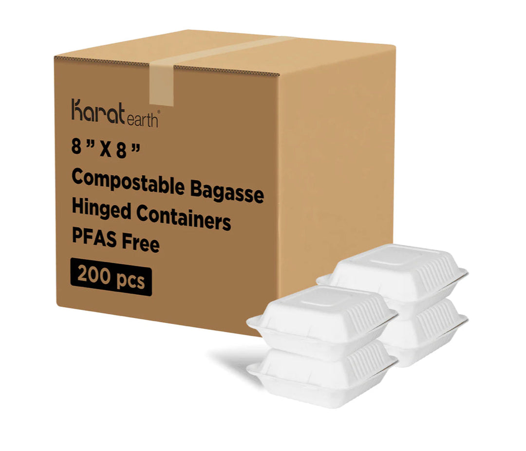 8''x 8'' PFAS Free Compostable Bagasse Hinged Containers, White, 3 Compartments - 200 pcs