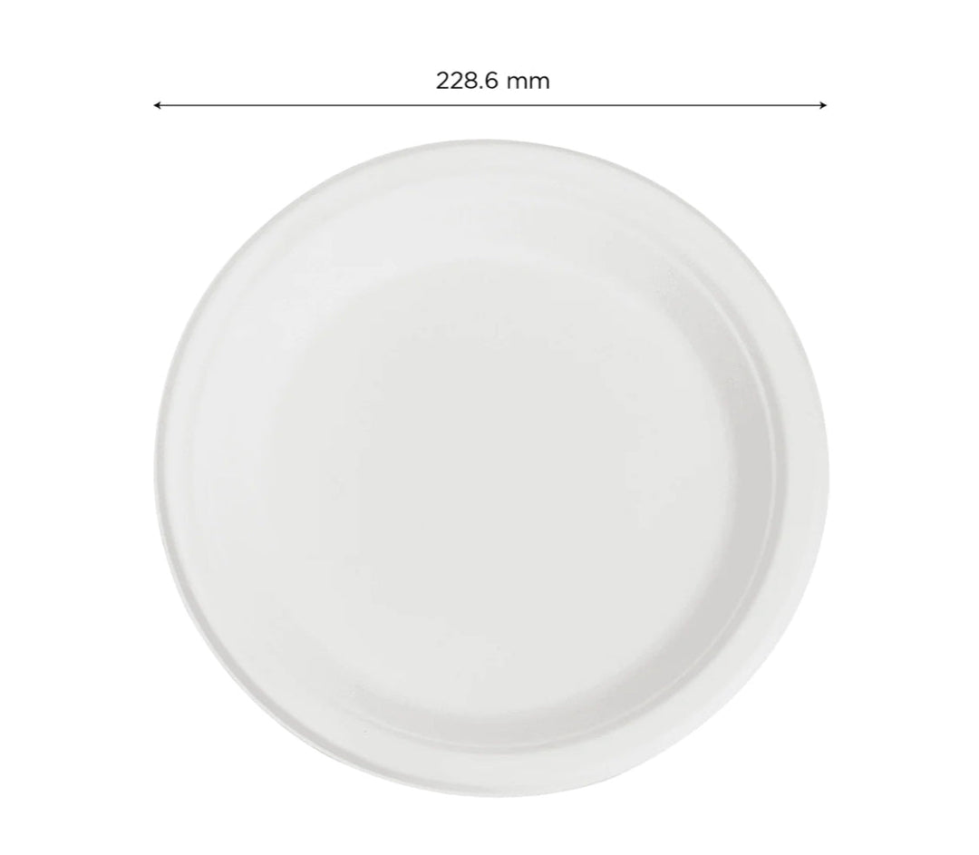 9'' PFAS Free Compostable Bagasse Round Plates, White - 500 pcs