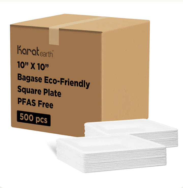 10'' PFAS Free Compostable Bagasse Square Plates, White - 500 pcs