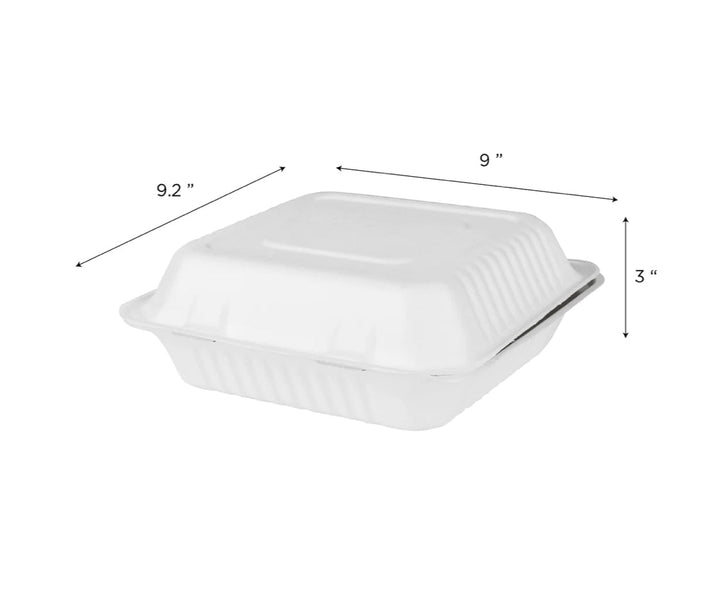 9'' x 9'' PFAS Free Compostable Bagasse Hinged Containers, White - 200 pcs