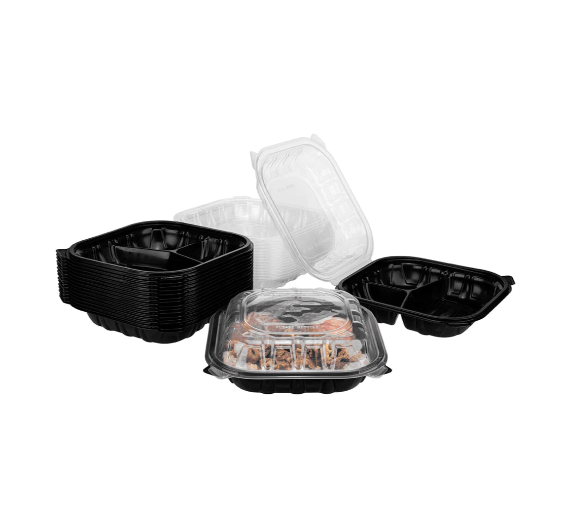 Hinged Containers (3 Compartments), 9"x 9", Blk w/Clear Top, Premium PP - 150 pcs