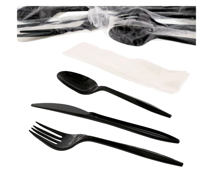 Cutlery Kits, 4 Piece, (F,K,S,Nap), Medium Weight, Black, PP - 250 Kits
