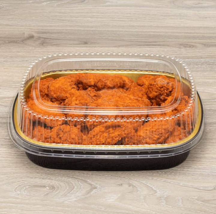 72 oz Black and Gold Aluminum Foil Take Out Pan with Clear PET Dome Lid, 11.3''x 8.8'' x 1.7'' - 50 pcs