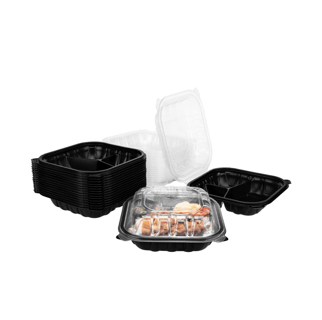 Hinged Containers (3 Compartments), 8"x 8", Blk w/Clear Top, Premium PP - 150 pcs