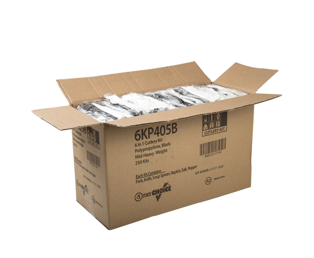Cutlery Kits, 6 Piece, (F,K,SS,Nap,S&P), Medium Heavy Weight , Black, PP - 250 Kits